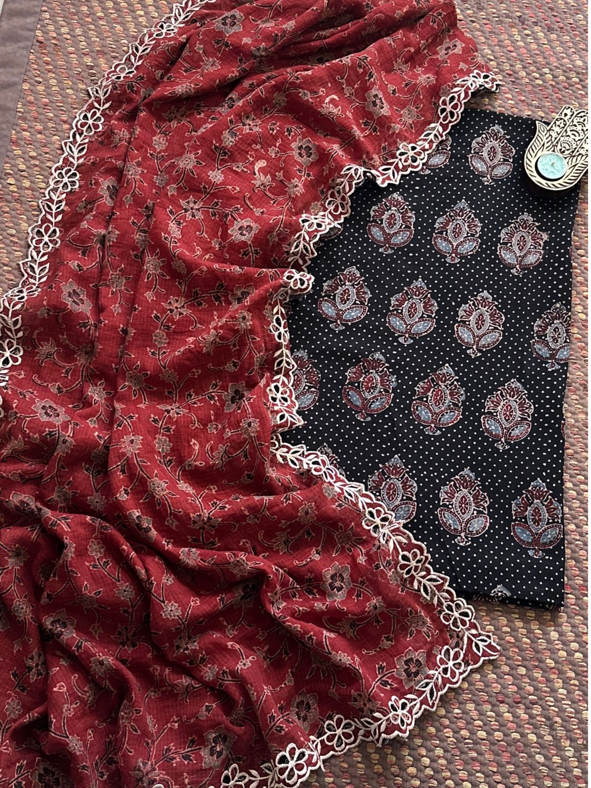 Pure Cotton Malmal Handblock Fabric in Ajrak with Cutwork Embroidered Dupatta